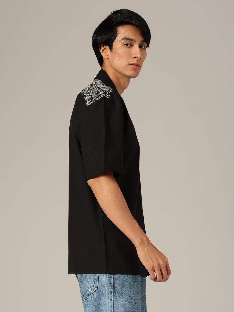 Black: Embroidered Drop Shoulder Oversized Casual Shirt