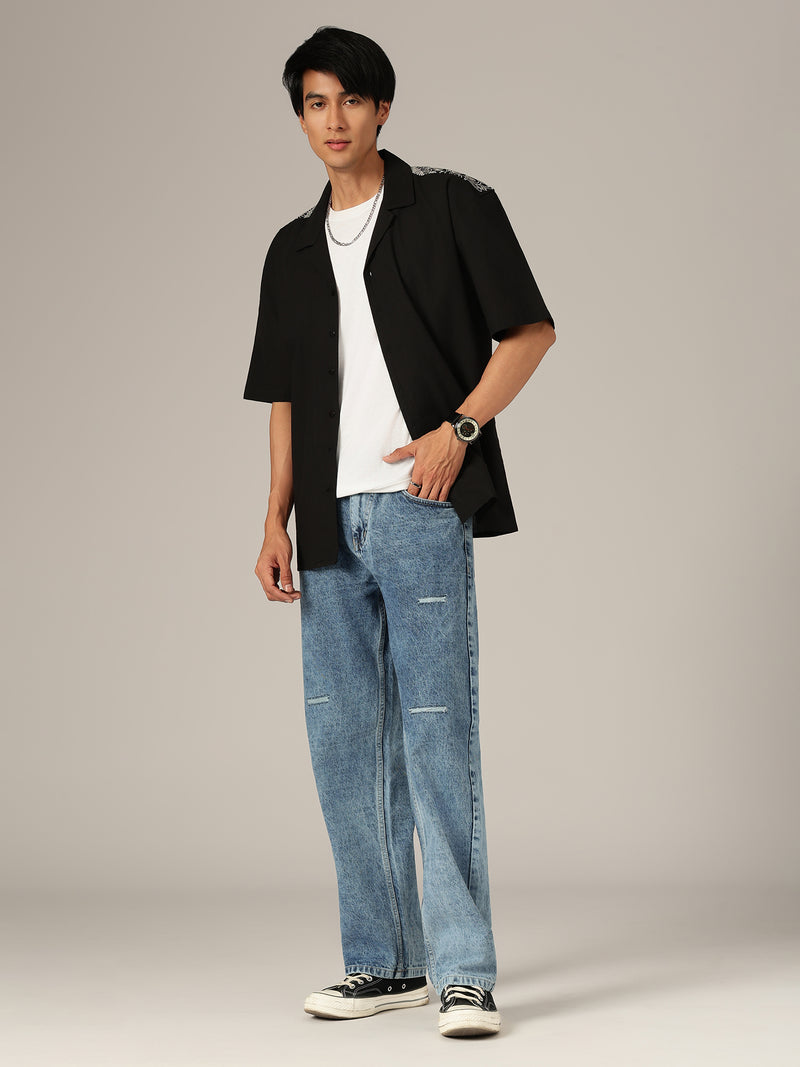 Black: Embroidered Drop Shoulder Oversized Casual Shirt