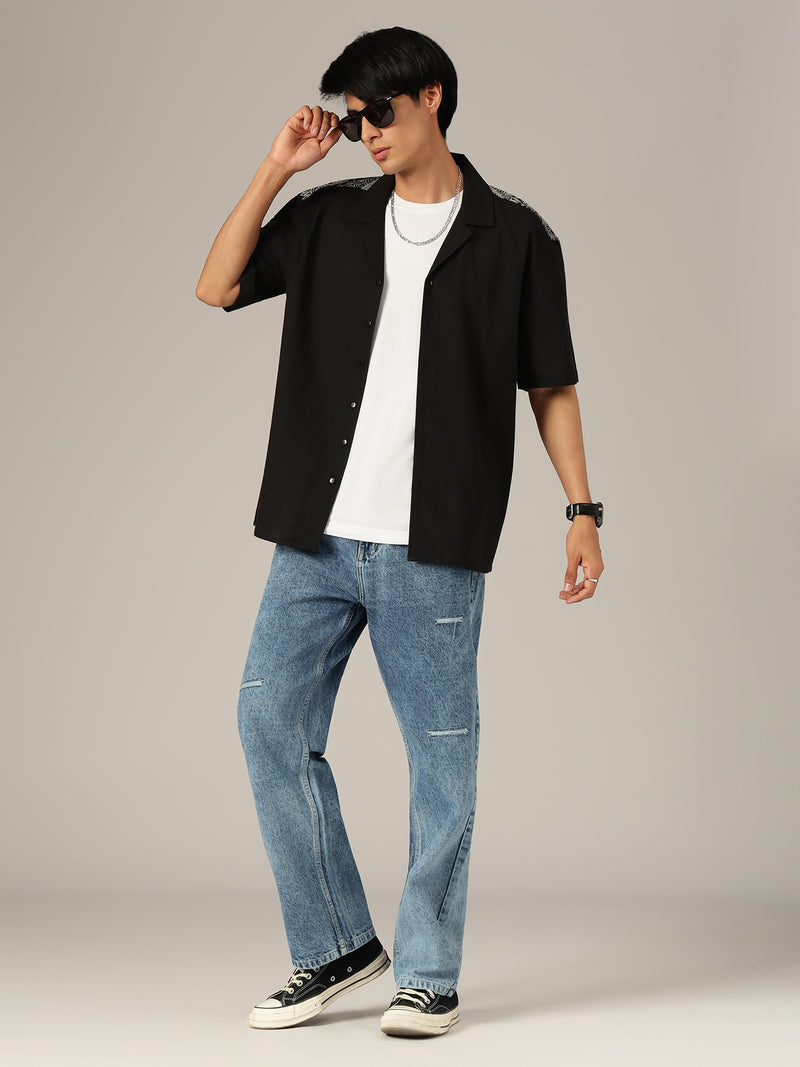 Black: Embroidered Drop Shoulder Oversized Casual Shirt