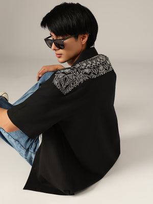 Black: Embroidered Drop Shoulder Oversized Casual Shirt