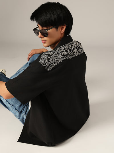 Black: Embroidered Drop Shoulder Oversized Casual Shirt