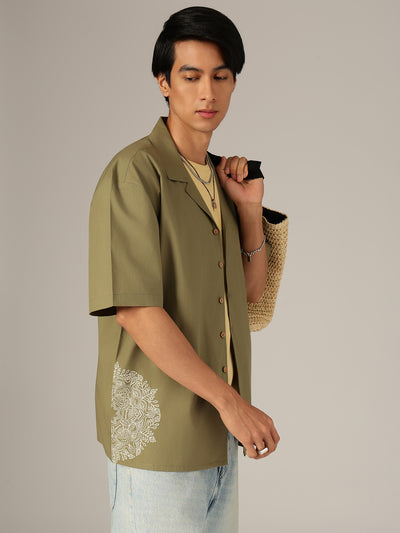 Olive: Embroidered Drop Shoulder Oversized Shirt