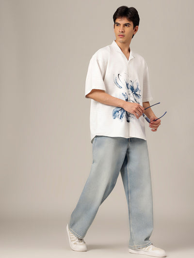 White & Black: Placement Printed Textured Oversized Casual Shirt