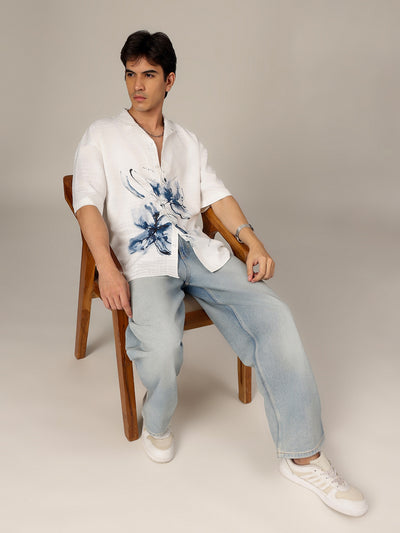 White & Black: Placement Printed Textured Oversized Casual Shirt