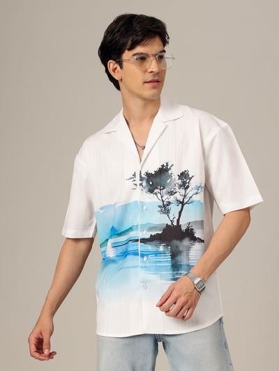 White & Blue: Placement Printed Textured Oversized Casual Shirt