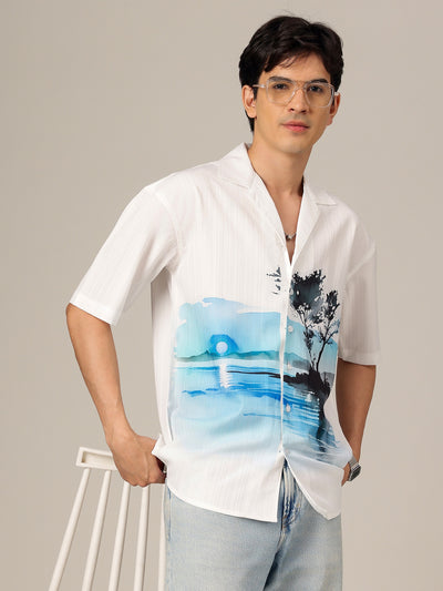 White & Blue: Placement Printed Textured Oversized Casual Shirt