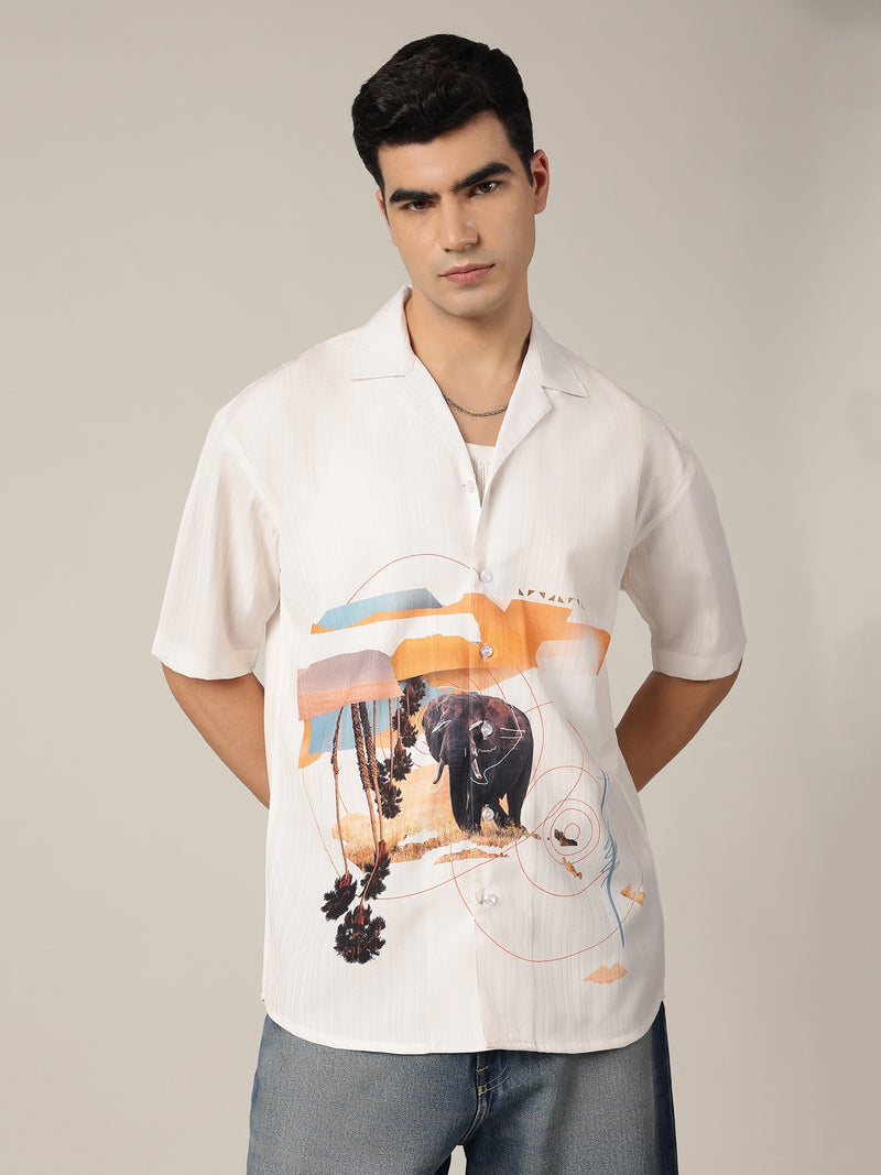 White & Orange: Placement Printed Textured Oversized Casual Shirt