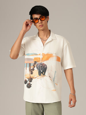 White & Orange: Placement Printed Textured Oversized Casual Shirt