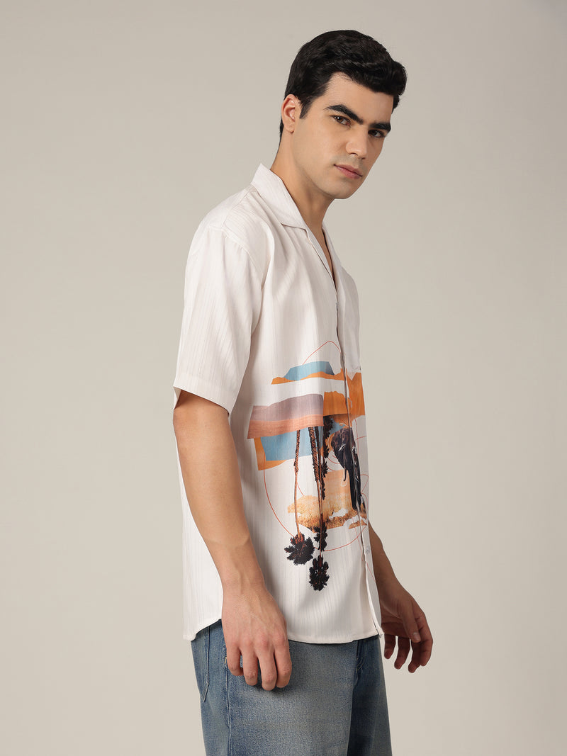 White & Orange: Placement Printed Textured Oversized Casual Shirt