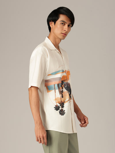 White & Orange: Placement Printed Textured Oversized Casual Shirt