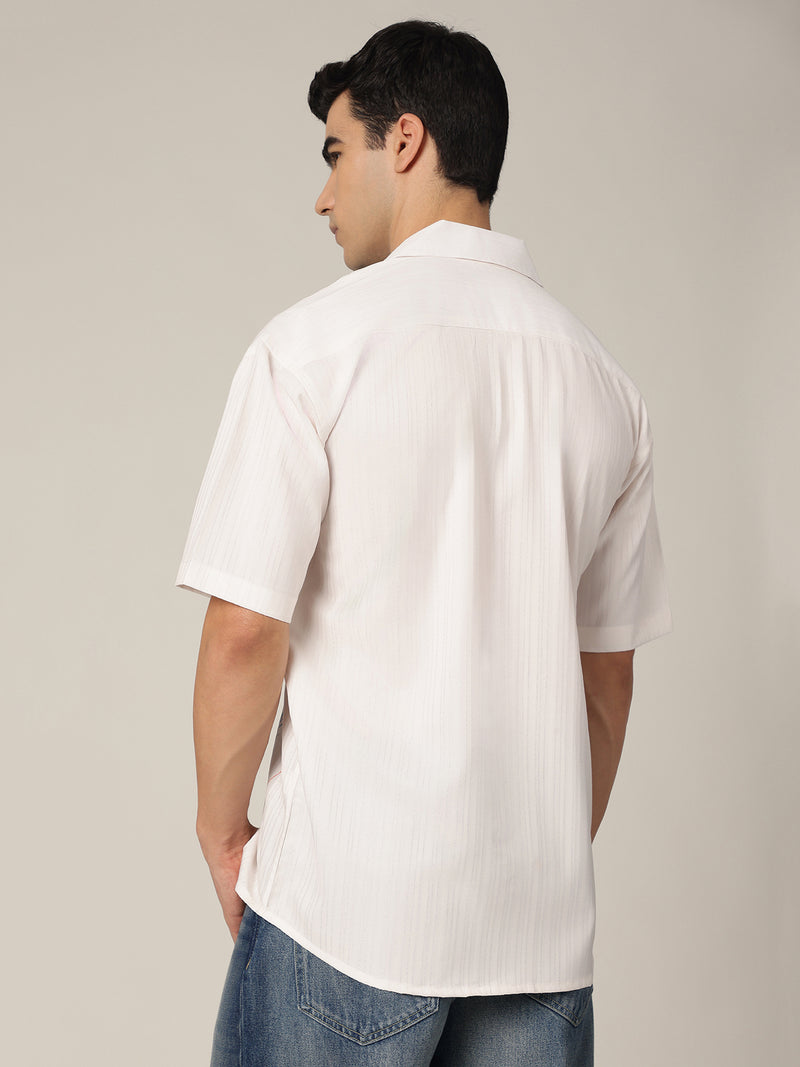 White & Orange: Placement Printed Textured Oversized Casual Shirt