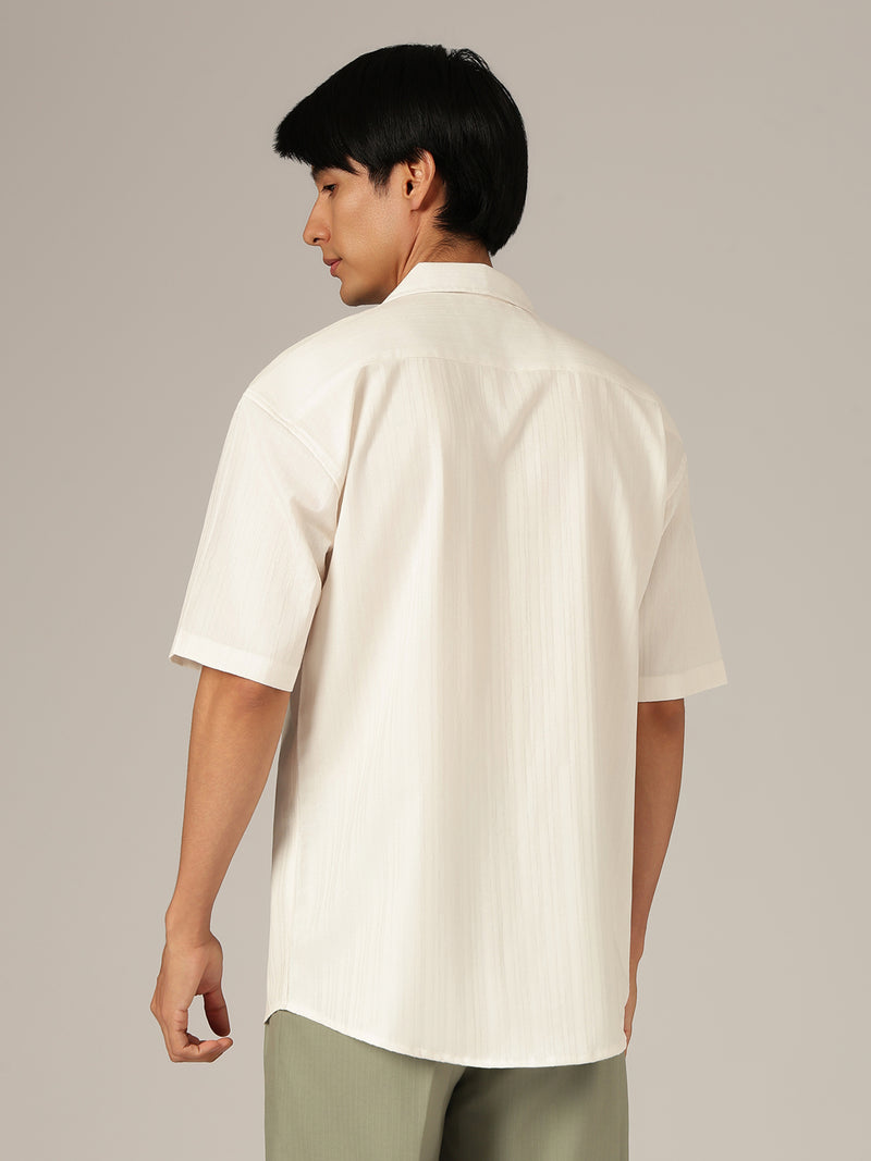 White & Orange: Placement Printed Textured Oversized Casual Shirt