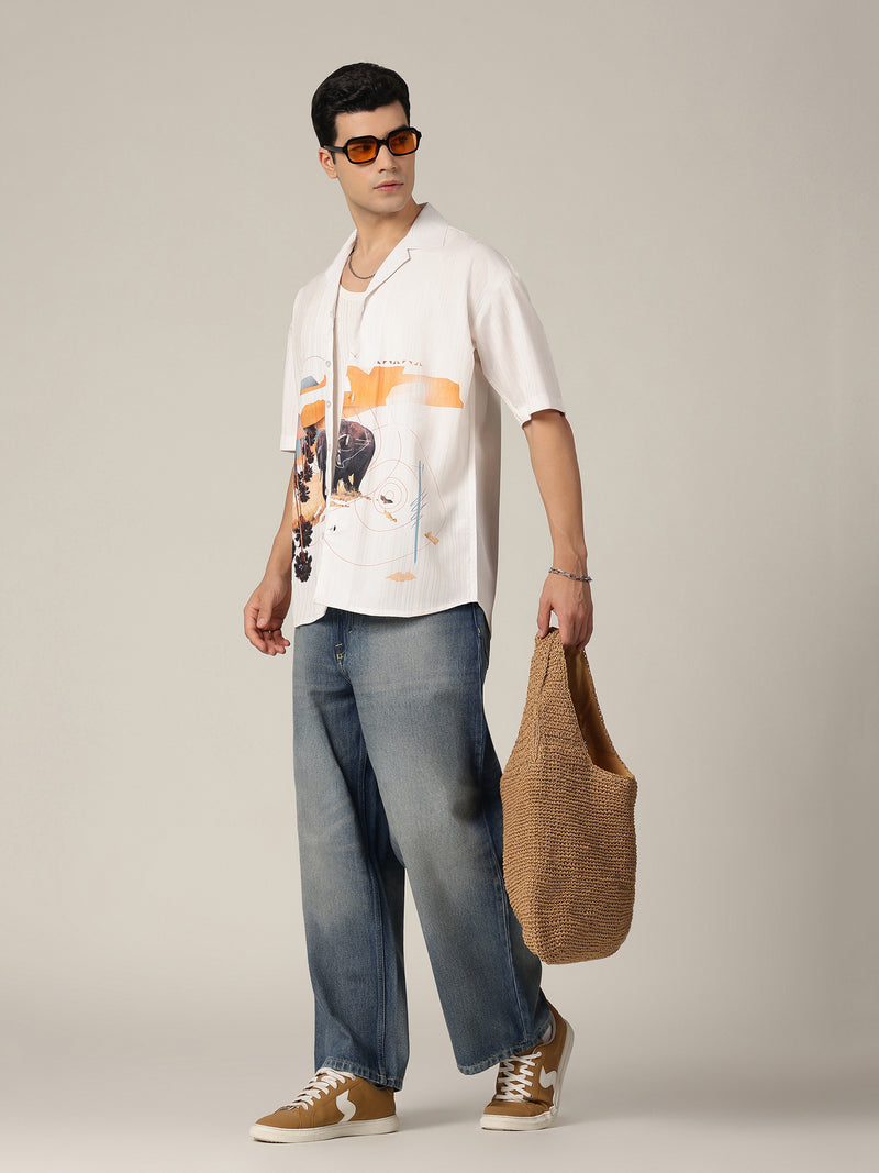 White & Orange: Placement Printed Textured Oversized Casual Shirt