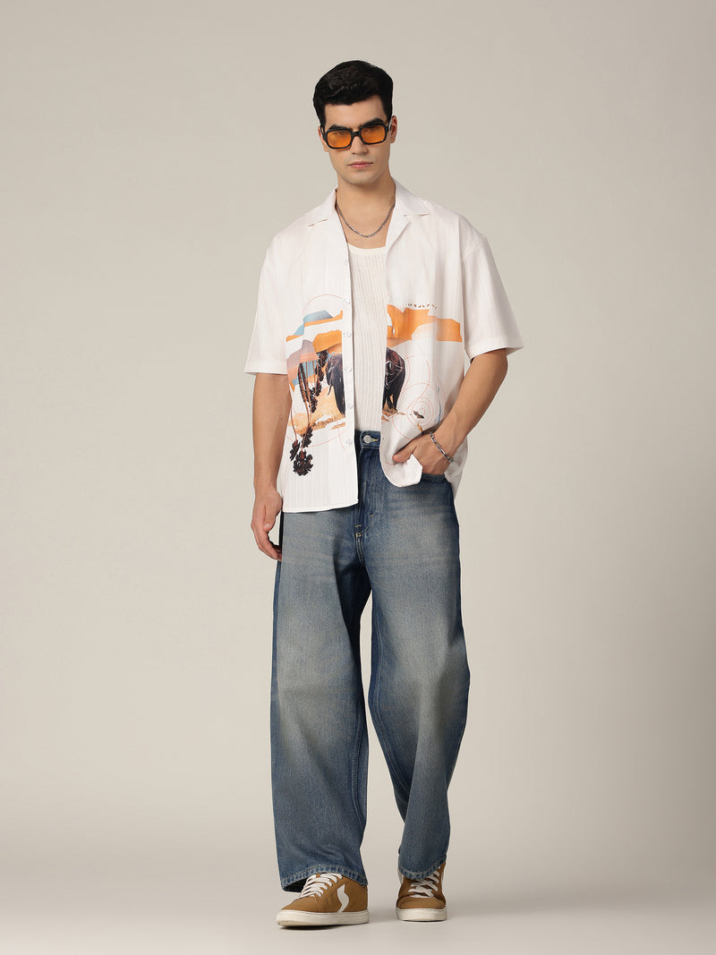 White & Orange: Placement Printed Textured Oversized Casual Shirt