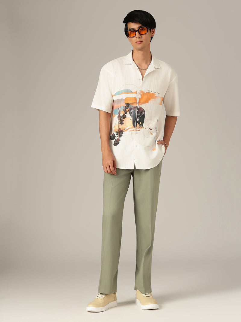 White & Orange: Placement Printed Textured Oversized Casual Shirt