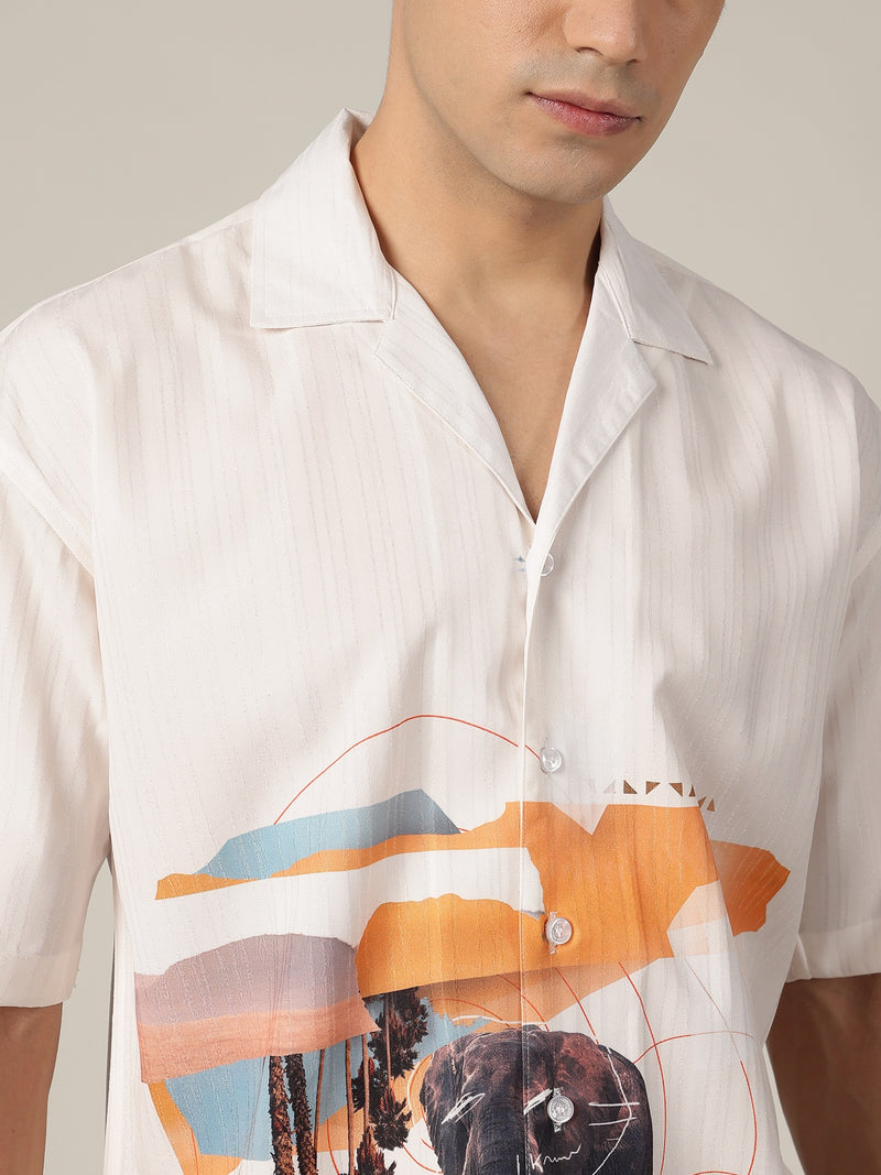 White & Orange: Placement Printed Textured Oversized Casual Shirt