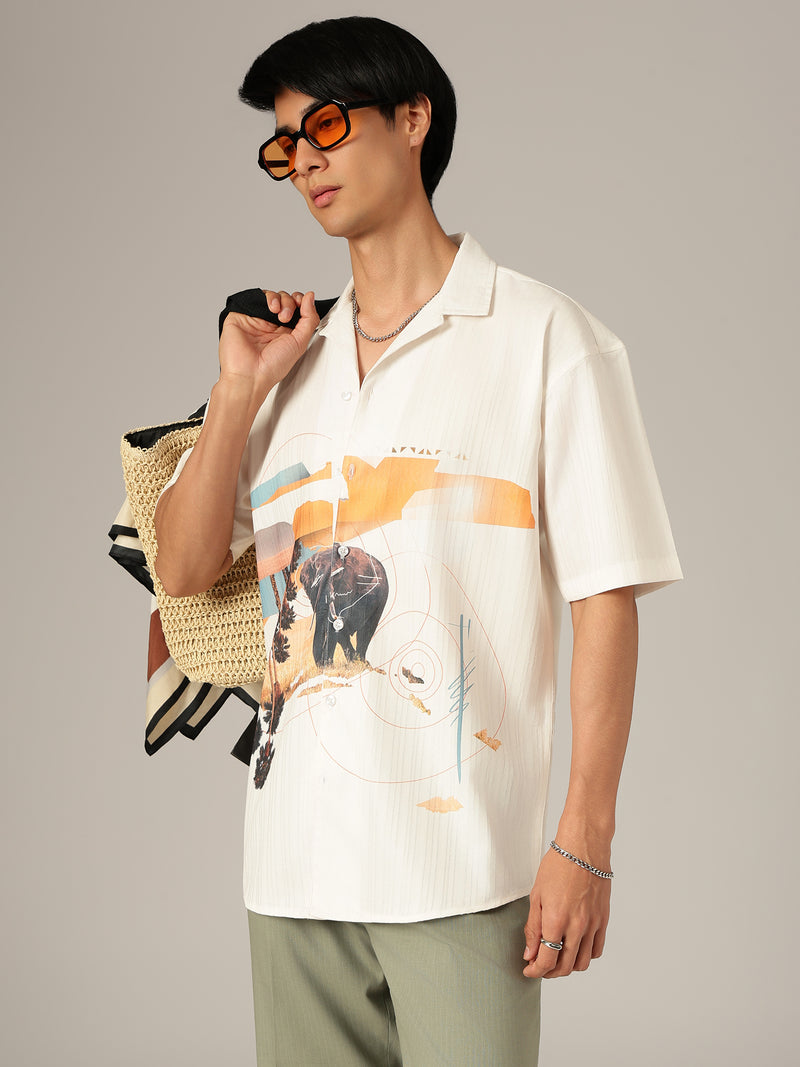 White & Orange: Placement Printed Textured Oversized Casual Shirt