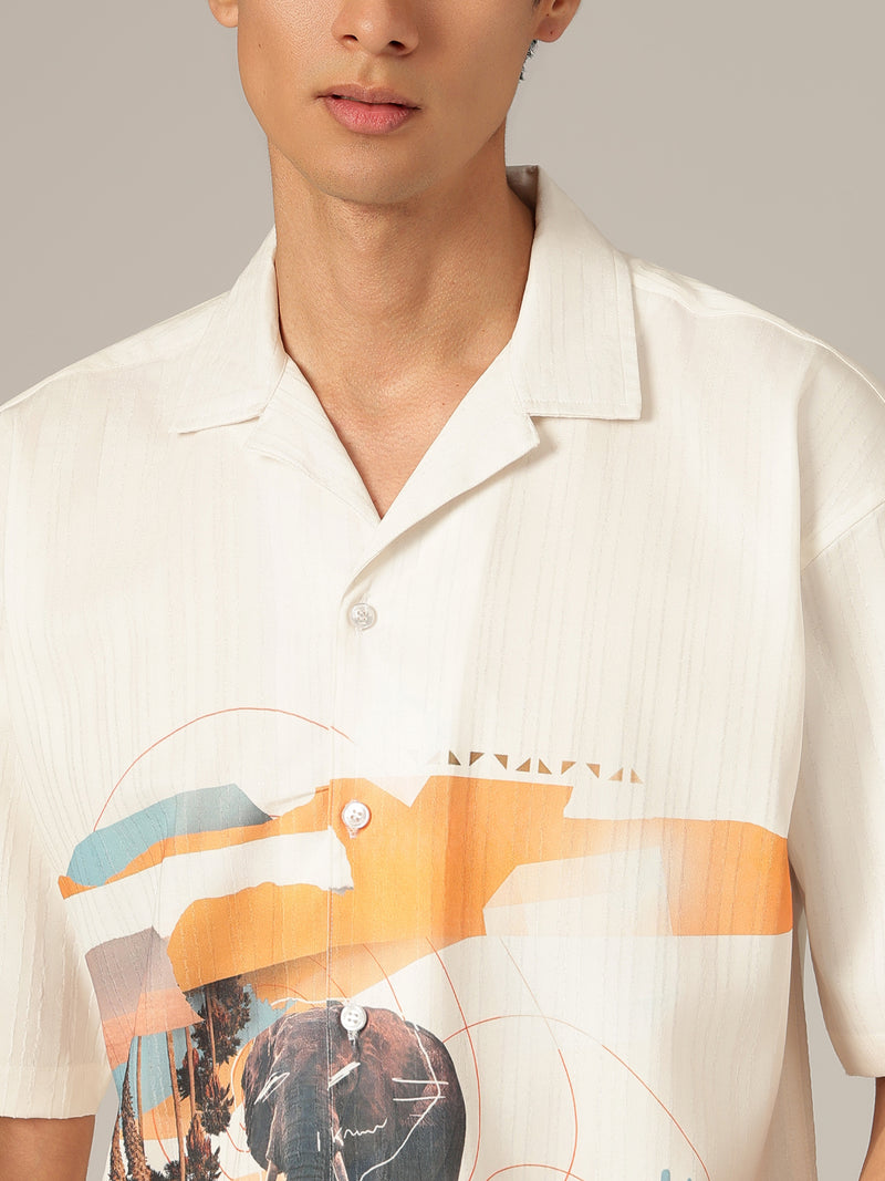 White & Orange: Placement Printed Textured Oversized Casual Shirt