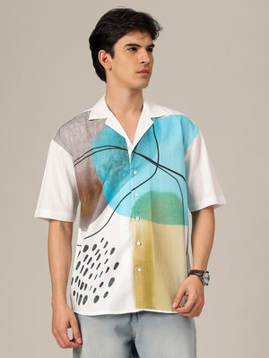 White & Blue: Placement Printed Textured Oversized Casual Shirt