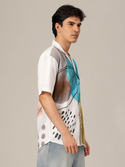 White & Blue: Placement Printed Textured Oversized Casual Shirt