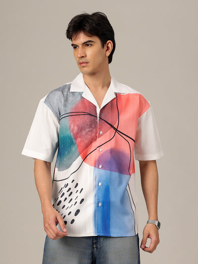 White & Black: Placement Printed Textured Oversized Casual Shirt