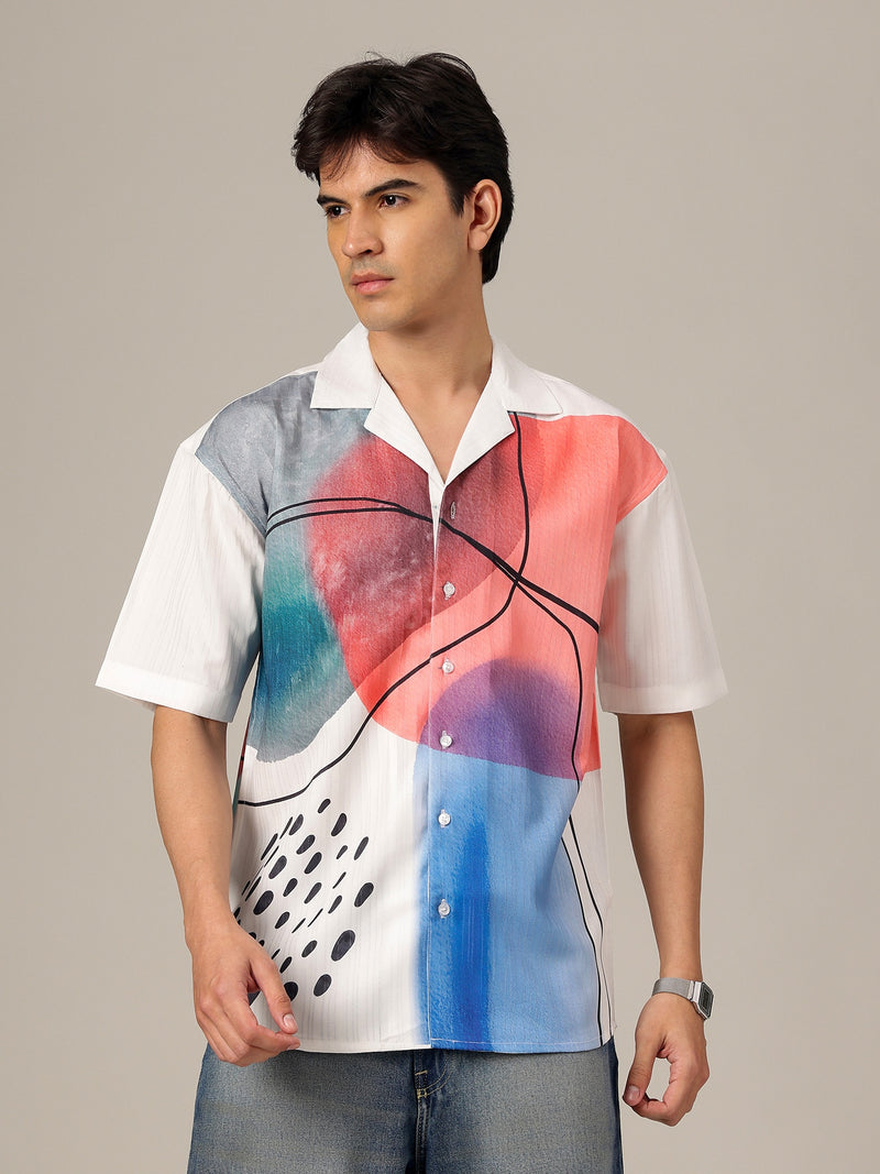 White & Black: Placement Printed Textured Oversized Casual Shirt