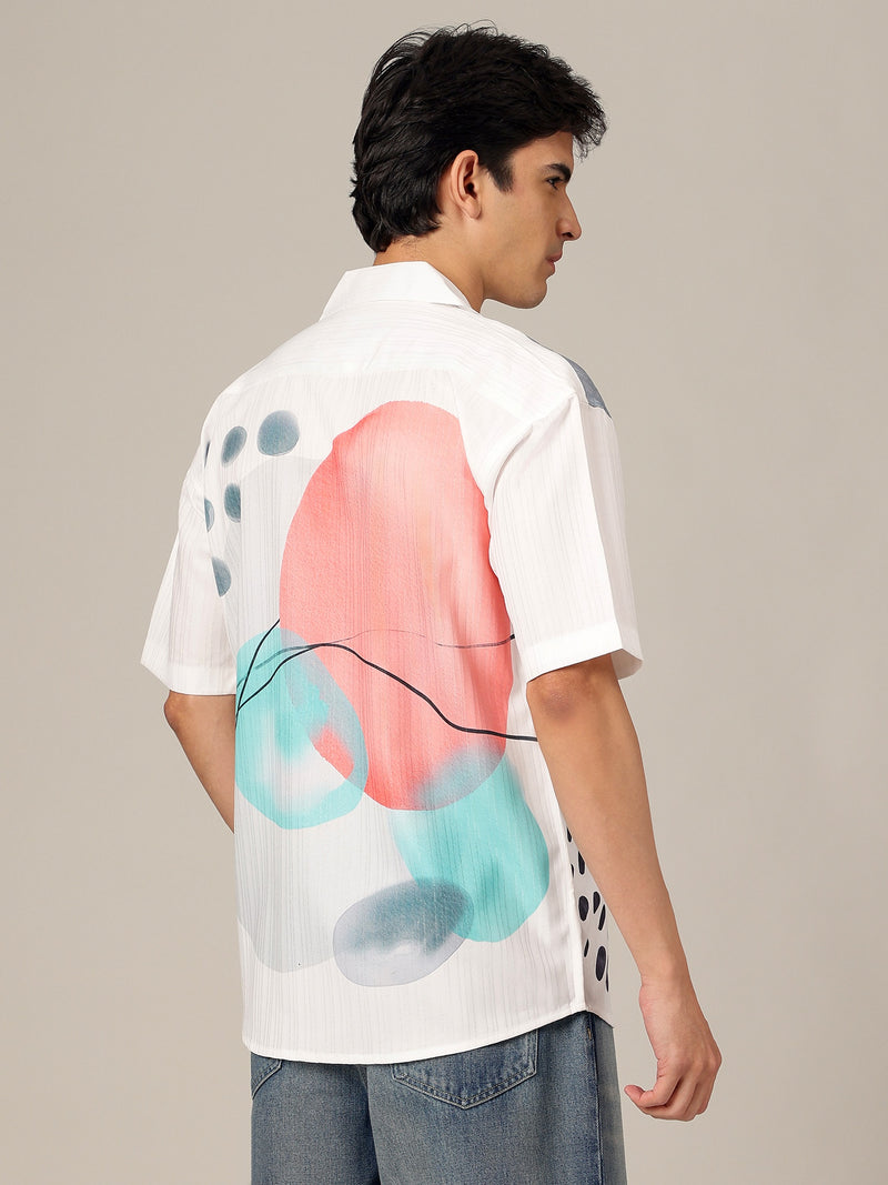 White & Black: Placement Printed Textured Oversized Casual Shirt