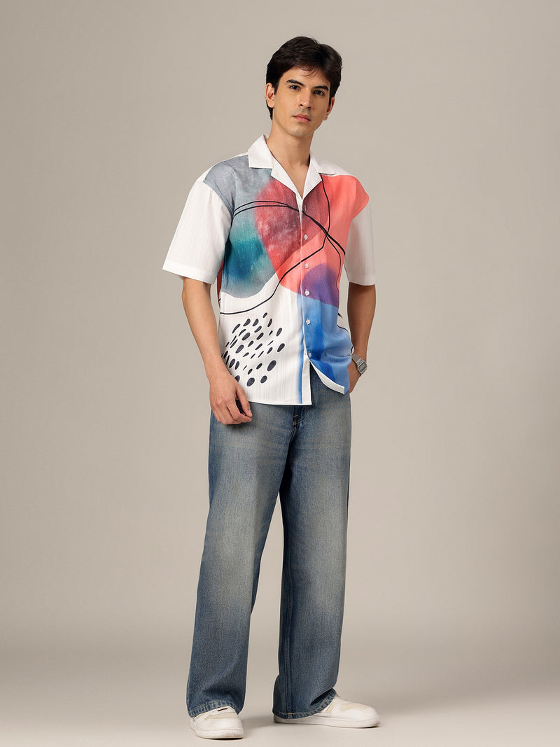 White & Black: Placement Printed Textured Oversized Casual Shirt