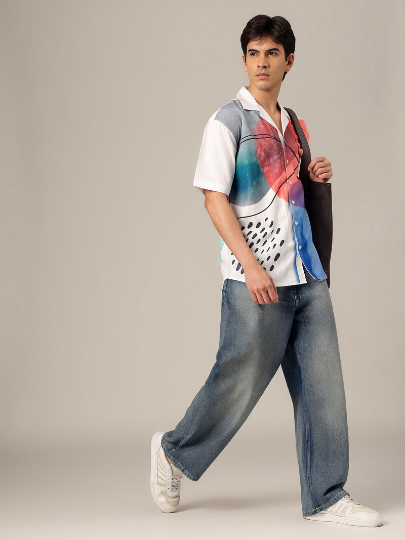 White & Black: Placement Printed Textured Oversized Casual Shirt