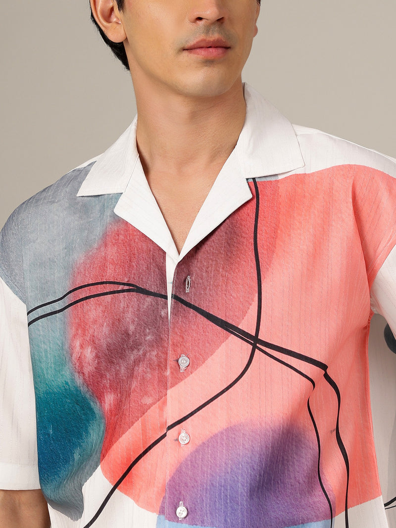 White & Black: Placement Printed Textured Oversized Casual Shirt