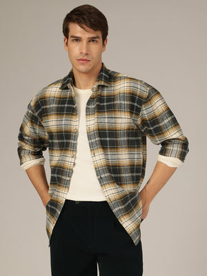 Cream & Blue: Checkered Drop-Shoulder Oversized Casual Shirt