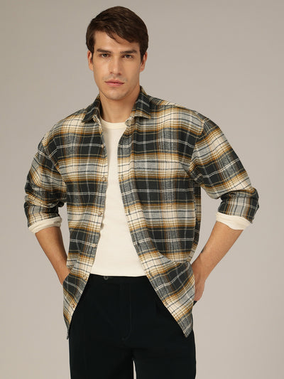 Cream & Blue: Checkered Drop-Shoulder Oversized Casual Shirt