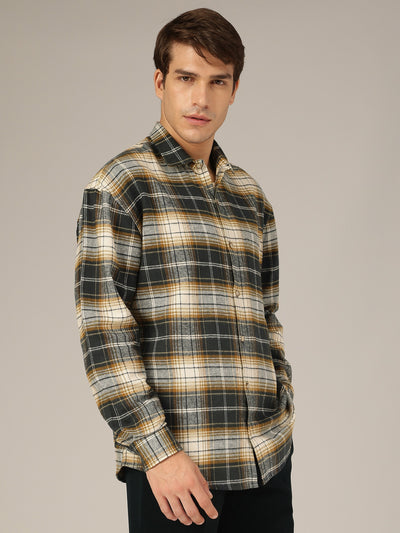 Cream & Blue: Checkered Drop-Shoulder Oversized Casual Shirt