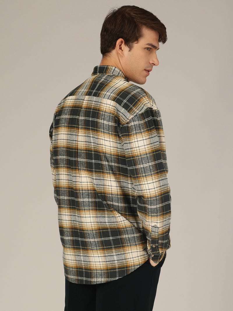 Cream & Blue: Checkered Drop-Shoulder Oversized Casual Shirt