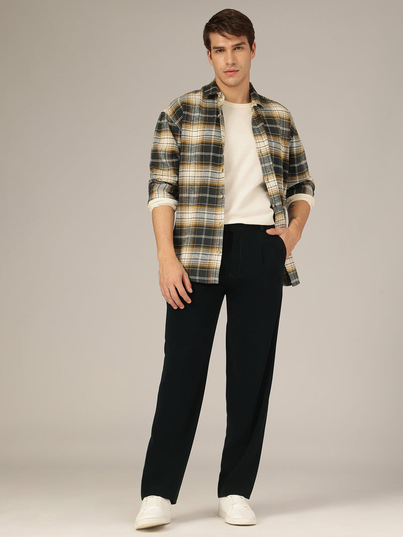 Cream & Blue: Checkered Drop-Shoulder Oversized Casual Shirt