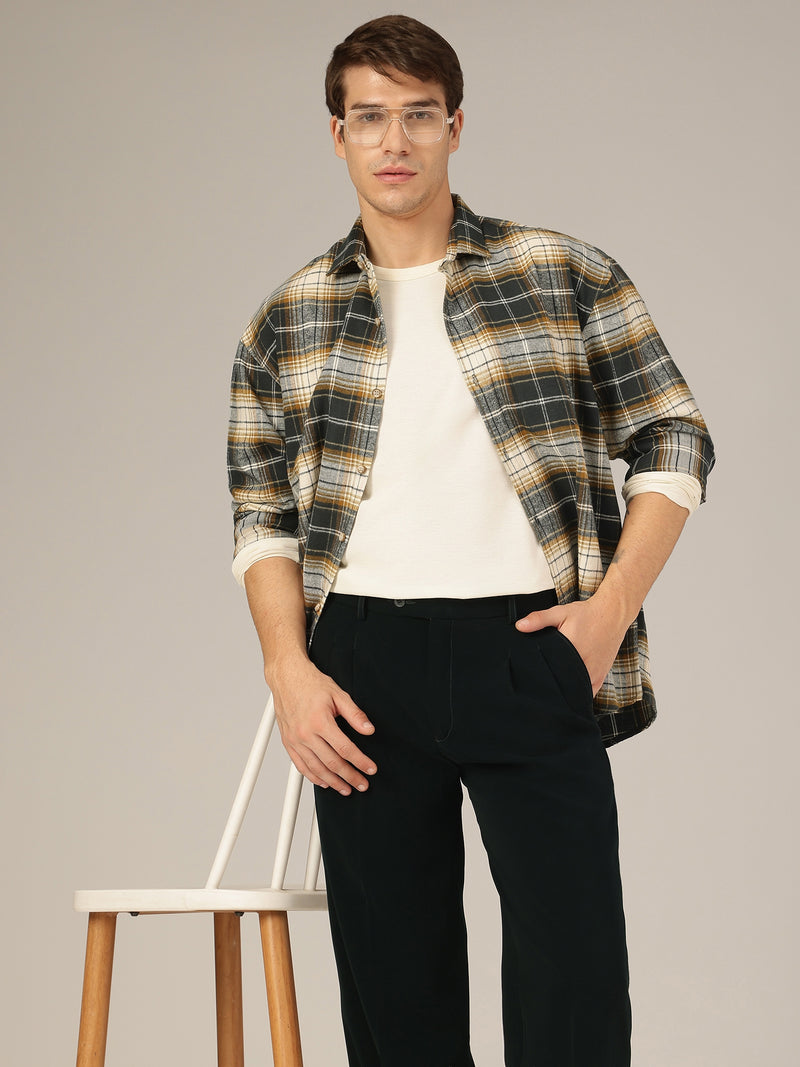 Cream & Blue: Checkered Drop-Shoulder Oversized Casual Shirt