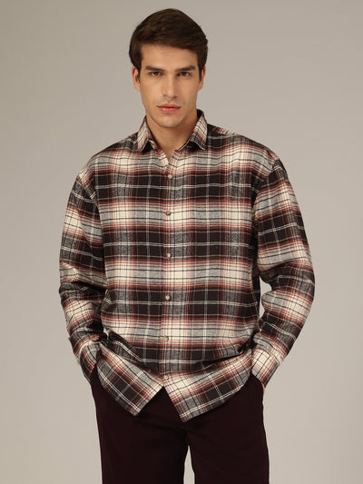 Cream & Meroon: Checkered Drop-Shoulder Oversized Casual Shirt