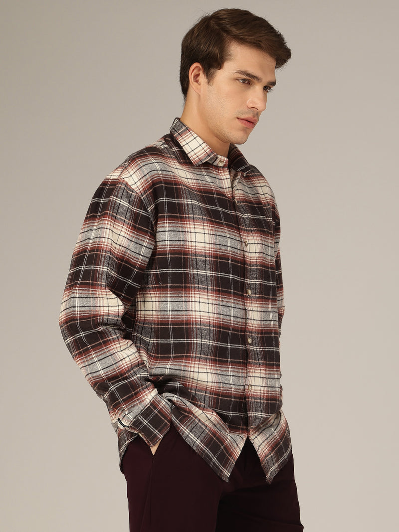 Cream & Meroon: Checkered Drop-Shoulder Oversized Casual Shirt