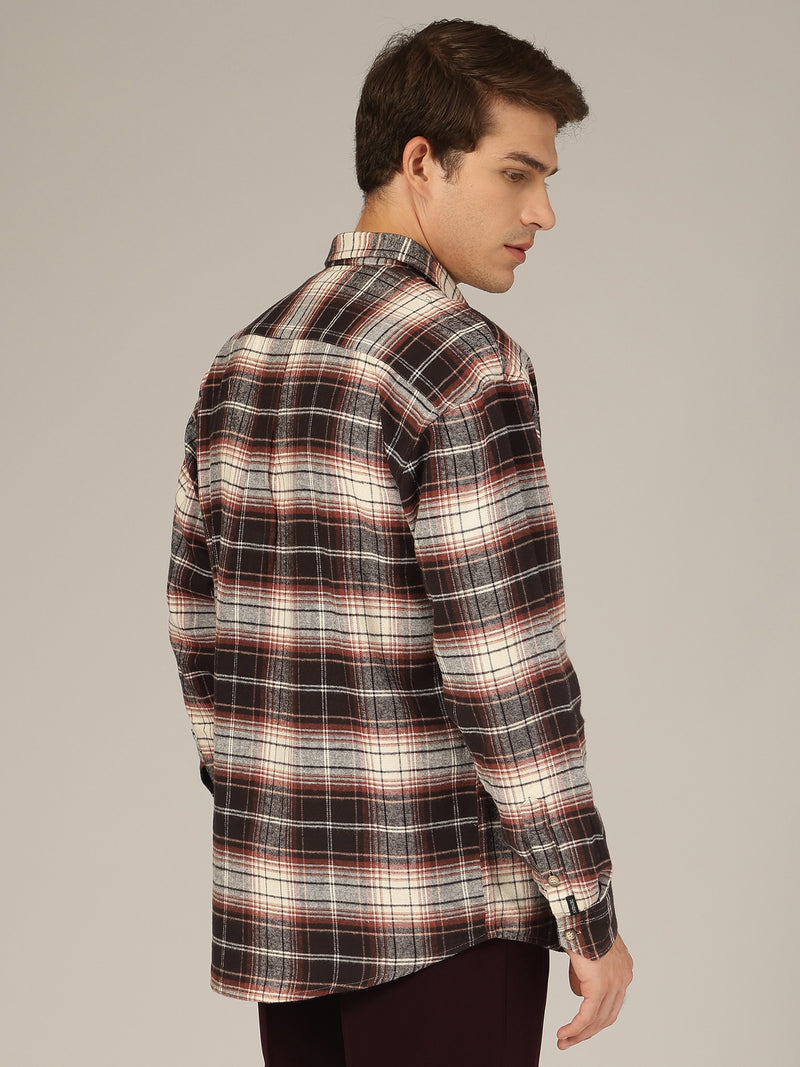 Cream & Meroon: Checkered Drop-Shoulder Oversized Casual Shirt