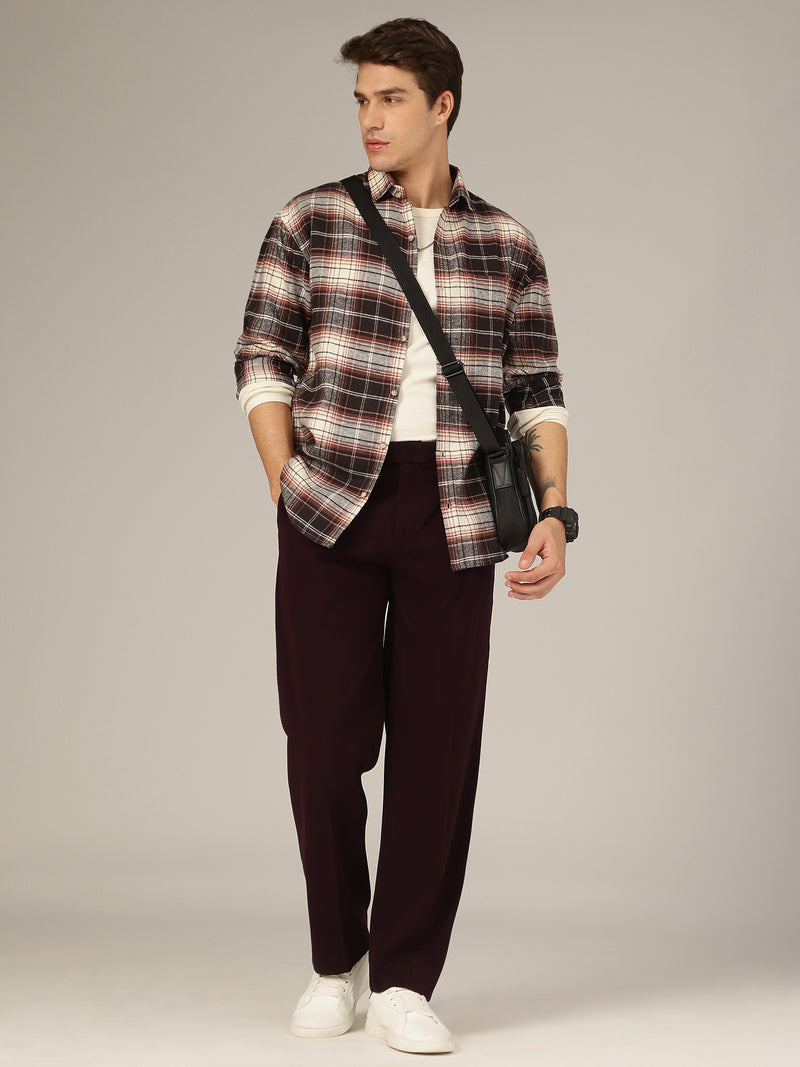 Cream & Meroon: Checkered Drop-Shoulder Oversized Casual Shirt