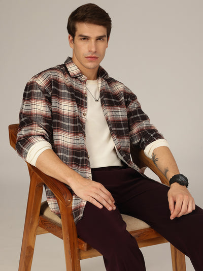 Cream & Meroon: Checkered Drop-Shoulder Oversized Casual Shirt