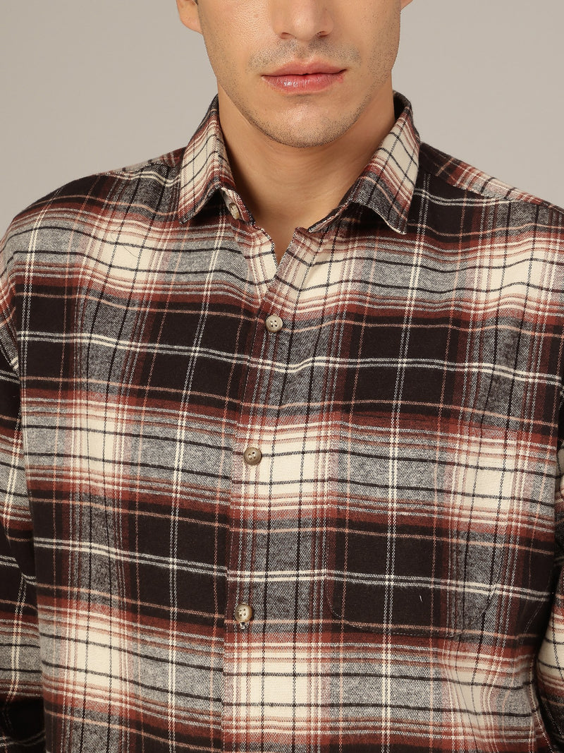 Cream & Meroon: Checkered Drop-Shoulder Oversized Casual Shirt
