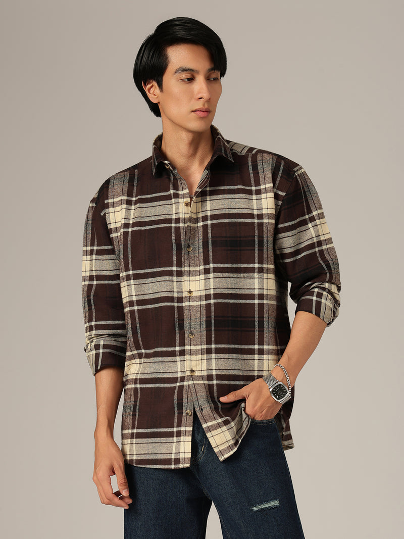 Brown & Cream: Checkered Drop-Shoulder Oversized Casual Shirt