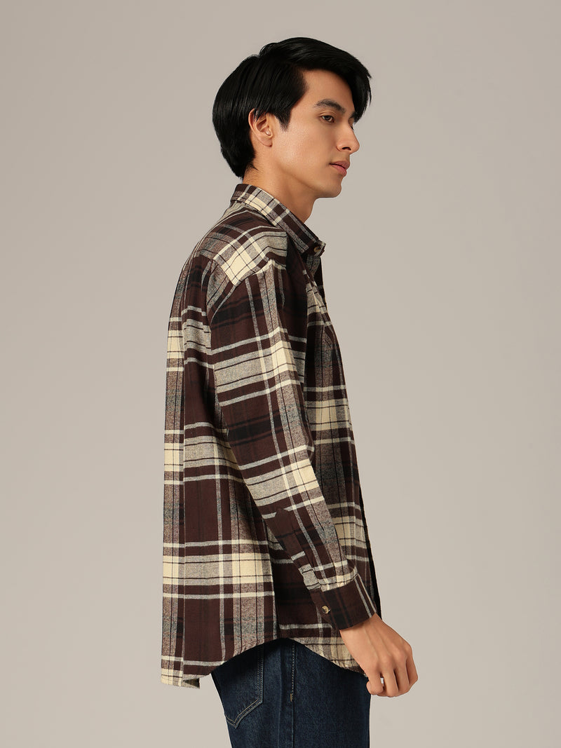 Brown & Cream: Checkered Drop-Shoulder Oversized Casual Shirt