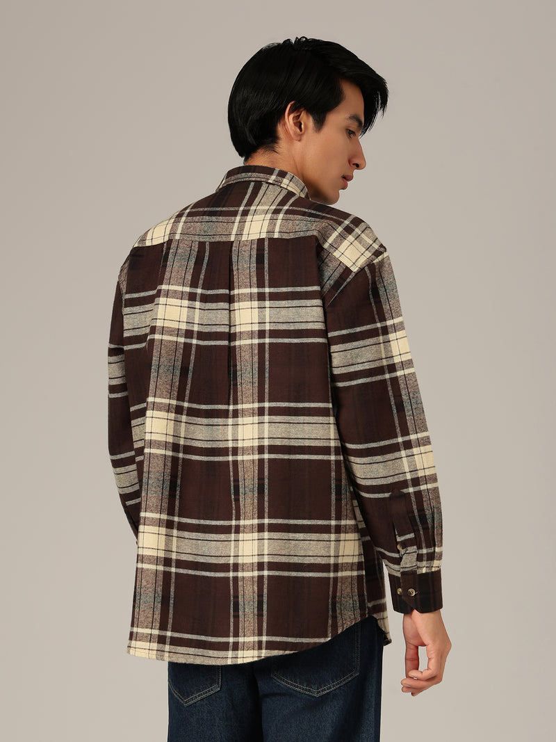 Brown & Cream: Checkered Drop-Shoulder Oversized Casual Shirt