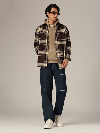 Brown & Cream: Checkered Drop-Shoulder Oversized Casual Shirt