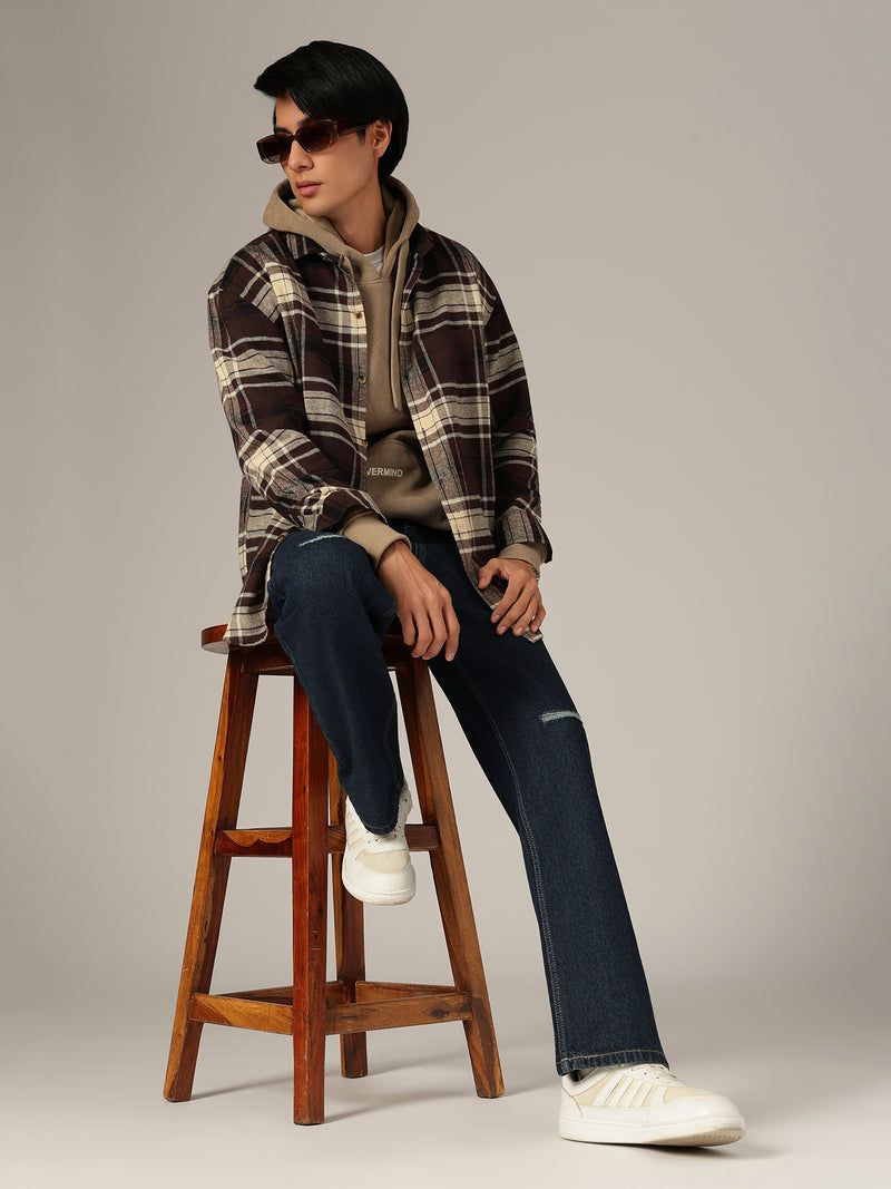 Brown & Cream: Checkered Drop-Shoulder Oversized Casual Shirt