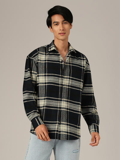 Blue & Cream: Checkered Drop-Shoulder Oversized Casual Shirt