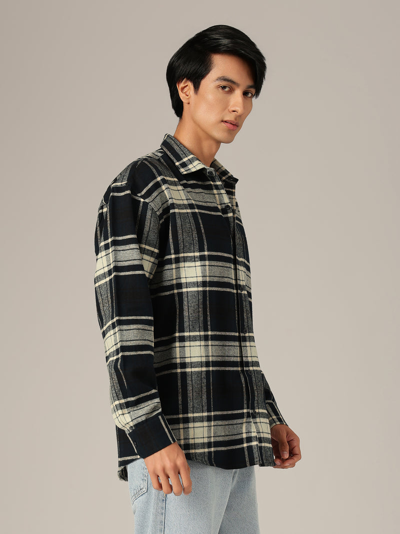 Blue & Cream: Checkered Drop-Shoulder Oversized Casual Shirt