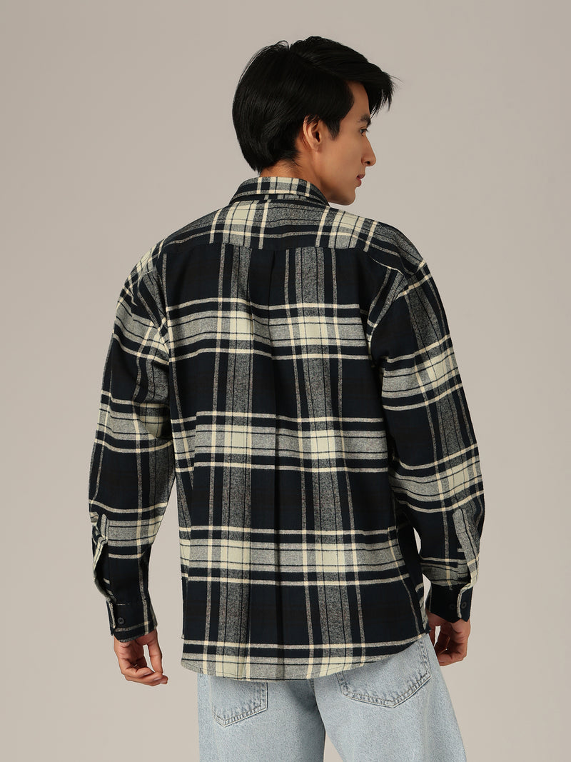 Blue & Cream: Checkered Drop-Shoulder Oversized Casual Shirt